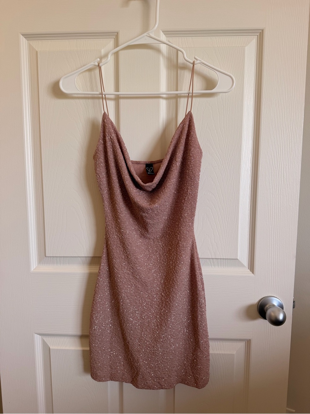 Windsor Rose Gold Glitter Cowl Neck Mini Dress – Size S
